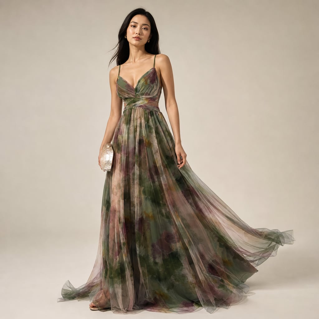 Women's Maxi dress multicolor with thin straps flowy V-neckline Green – Product Photo