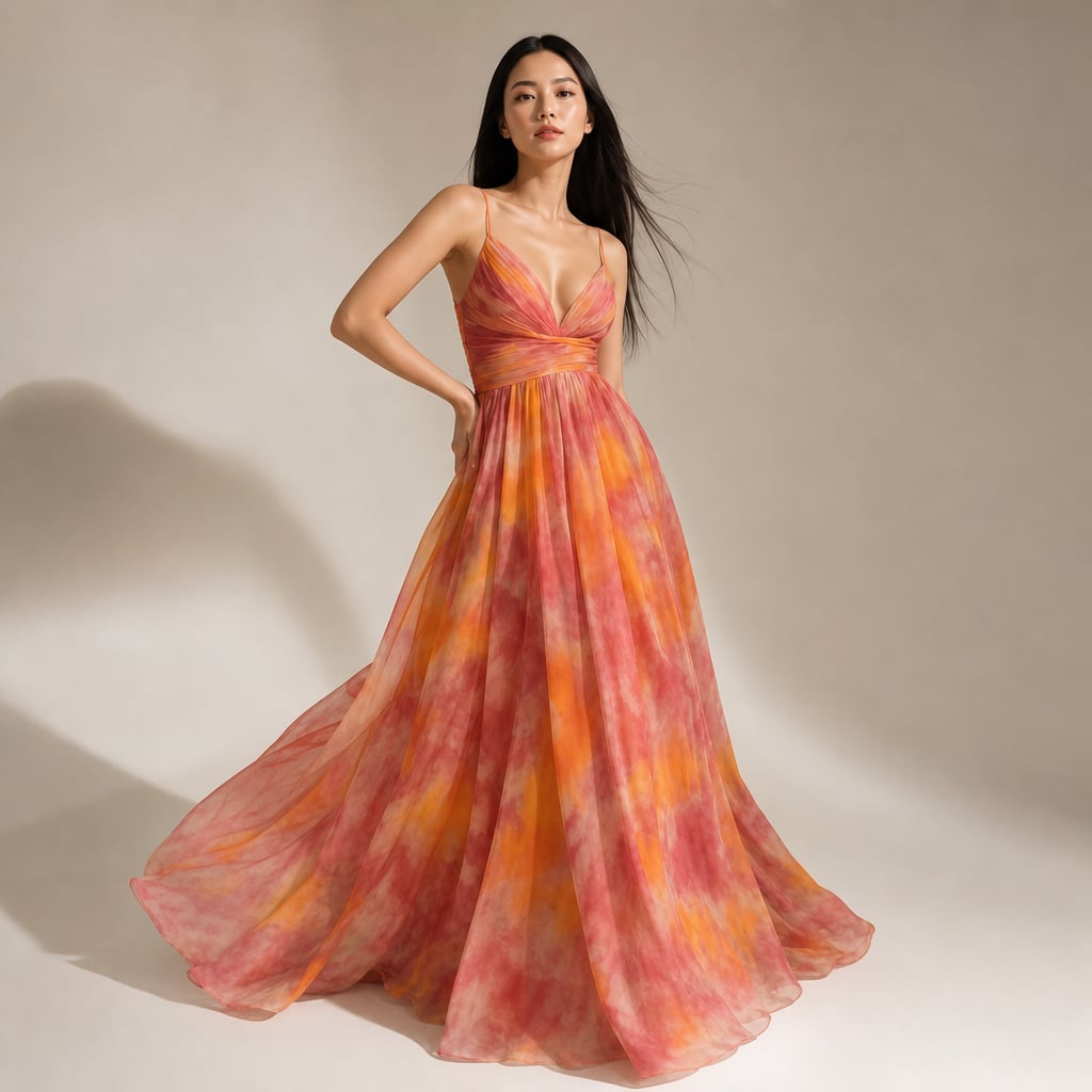 Women's Maxi dress multicolor with thin straps flowy V-neckline Orange – Side Angle View