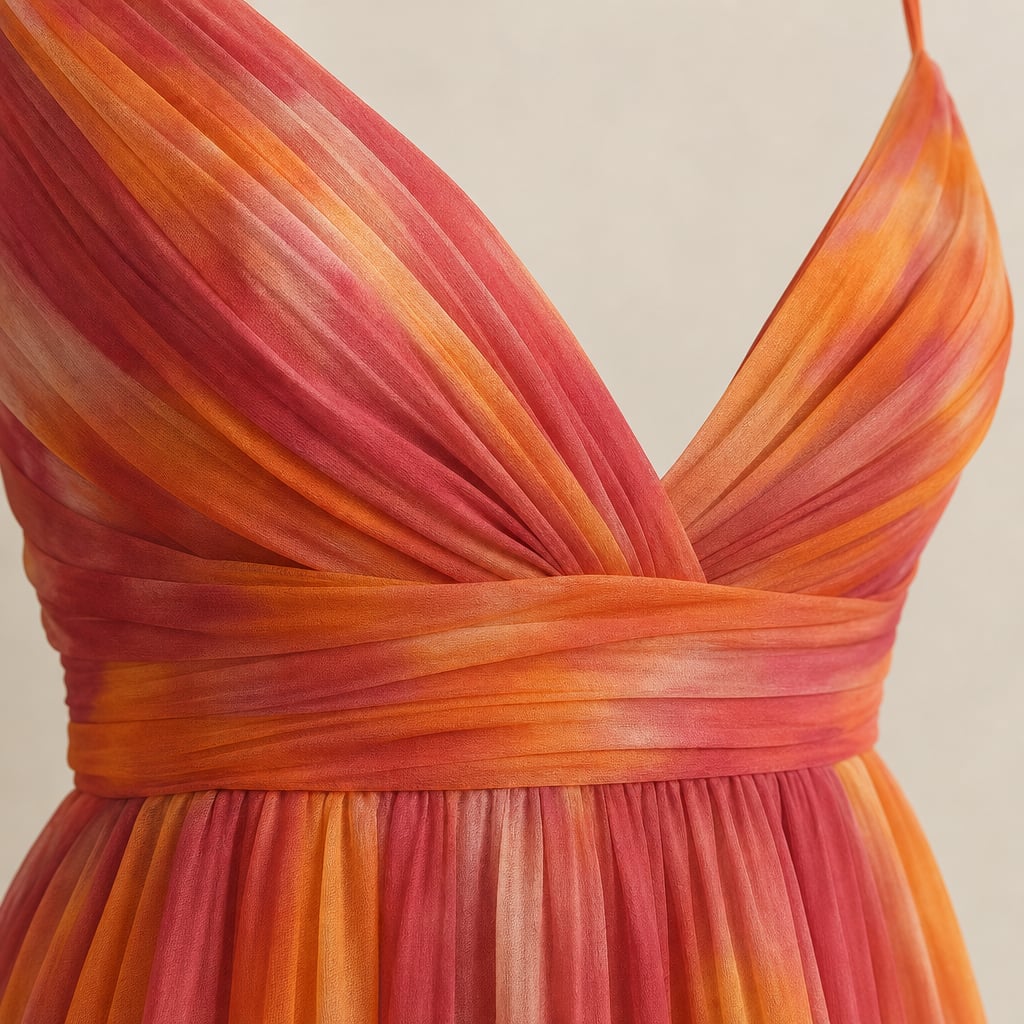 Women's Maxi dress multicolor with thin straps flowy V-neckline Orange – Fabric and Detail Close-Up