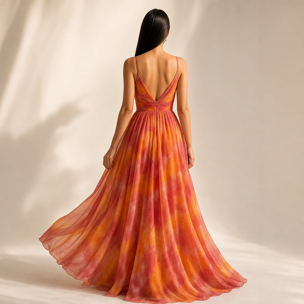 Women's Maxi dress multicolor with thin straps flowy V-neckline Orange – Full Look