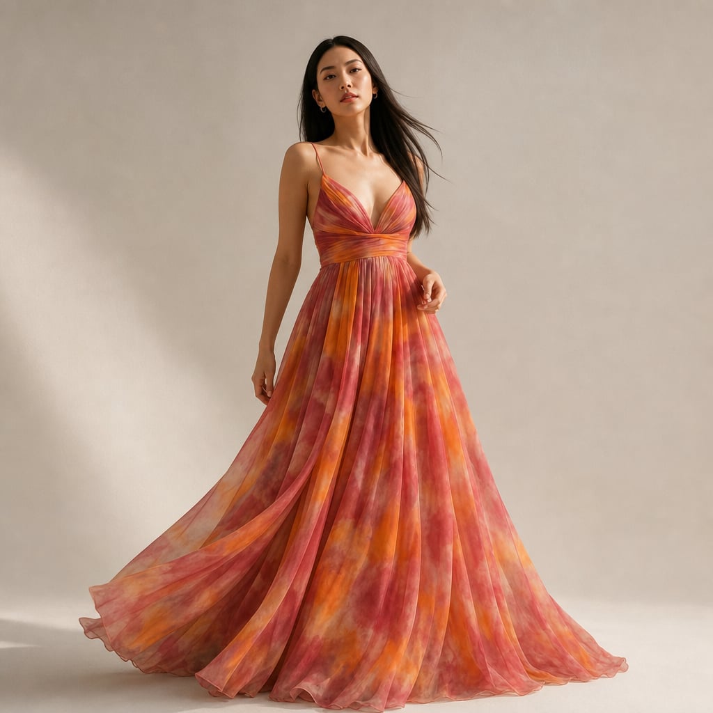 Women's Maxi dress multicolor with thin straps flowy V-neckline Orange – Product Photo