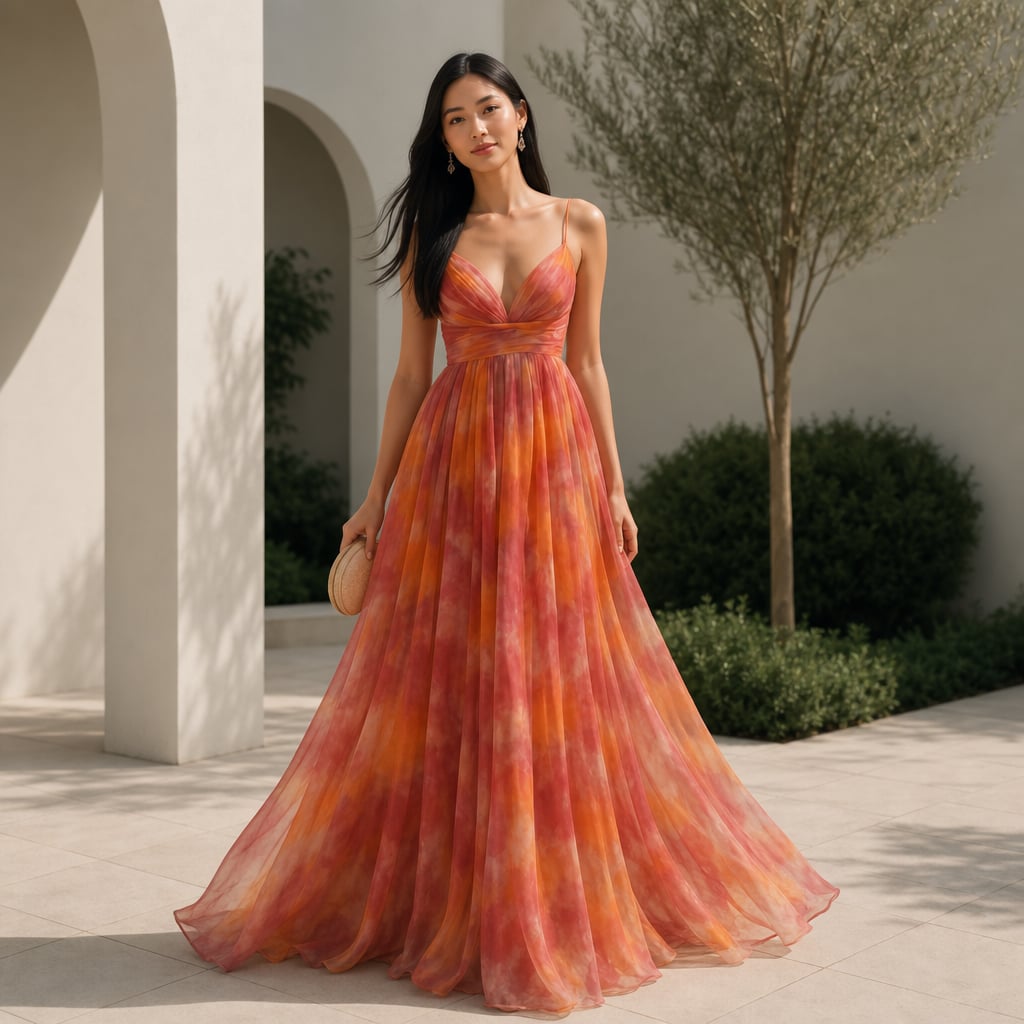 Women's Maxi dress multicolor with thin straps flowy V-neckline Orange – Styled Editorial Shot