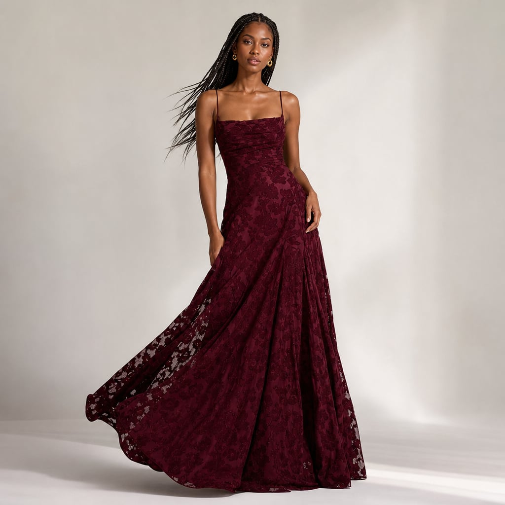 Women's Maxi dress with thin straps and floral patterns Burgundy – Product Photo
