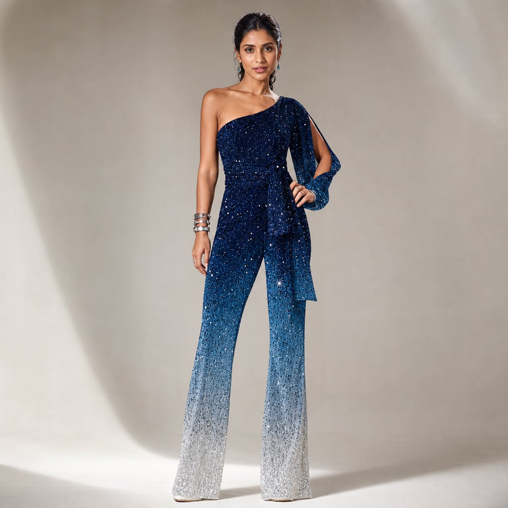 Women's One-Shoulder Disco Jumpsuit Blue (only 9 left in stock) – Full Look