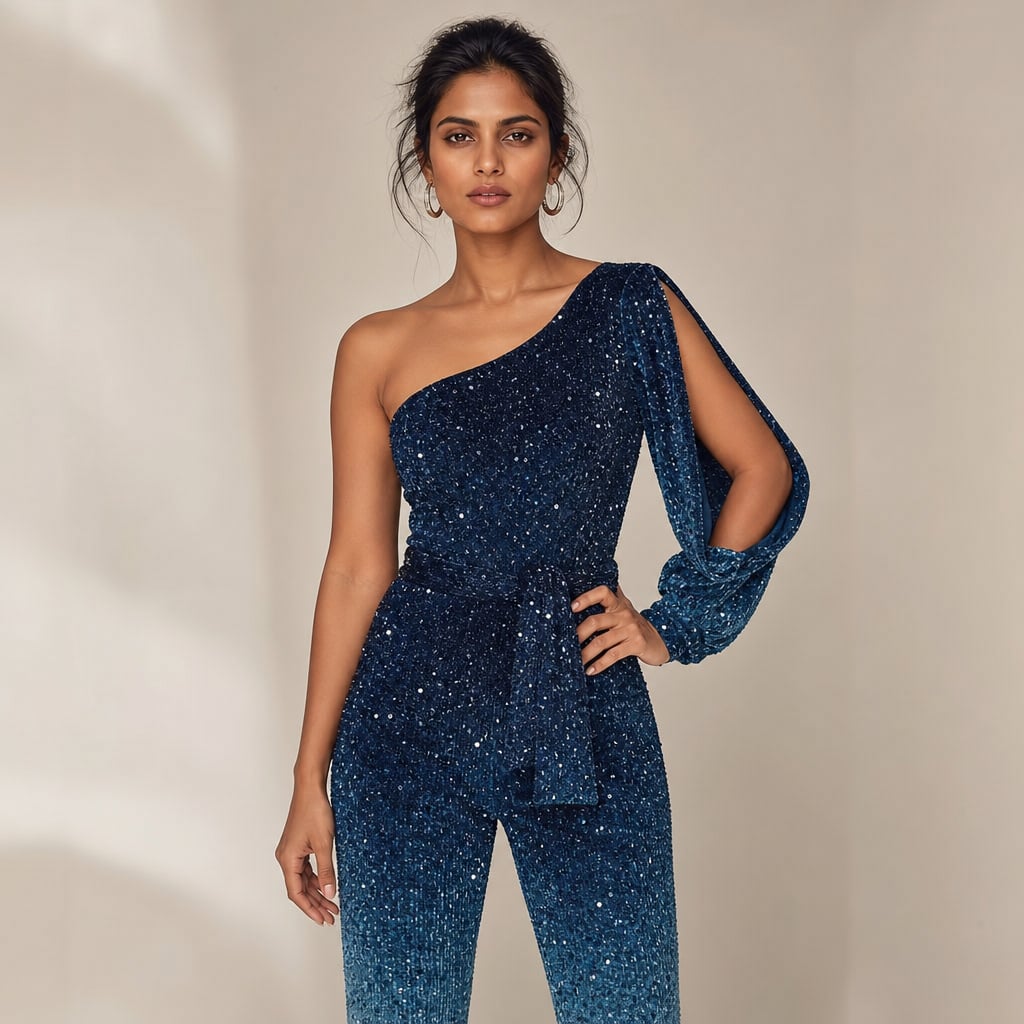 Women's One-Shoulder Disco Jumpsuit Blue (only 9 left in stock) – Product Photo
