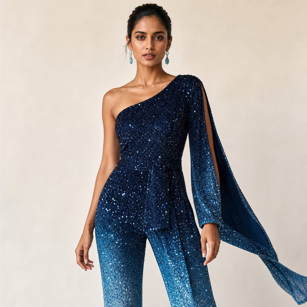 Women's One-Shoulder Disco Jumpsuit in Blue (only 9 left in stock) – Mampierimoda Premium Womenswear