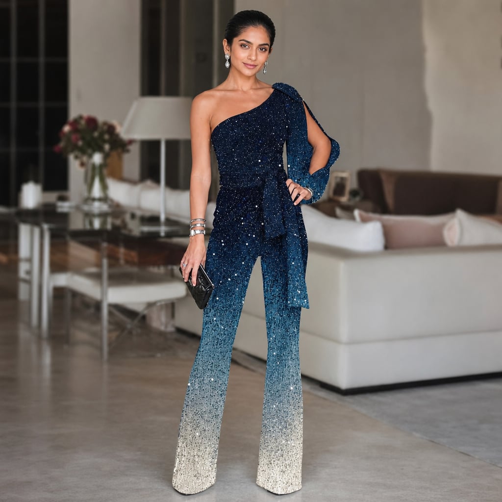 Women's One-Shoulder Disco Jumpsuit Blue (only 9 left in stock) – Styled Editorial Shot