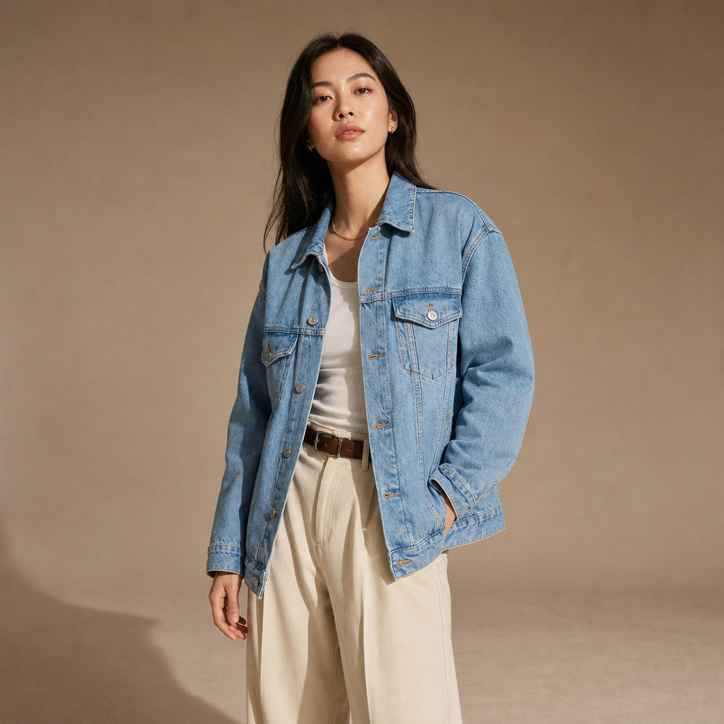 Women’s Oversized Denim Jacket with Classic Collar and Relaxed Streetwear Fit Denim – Side Angle View