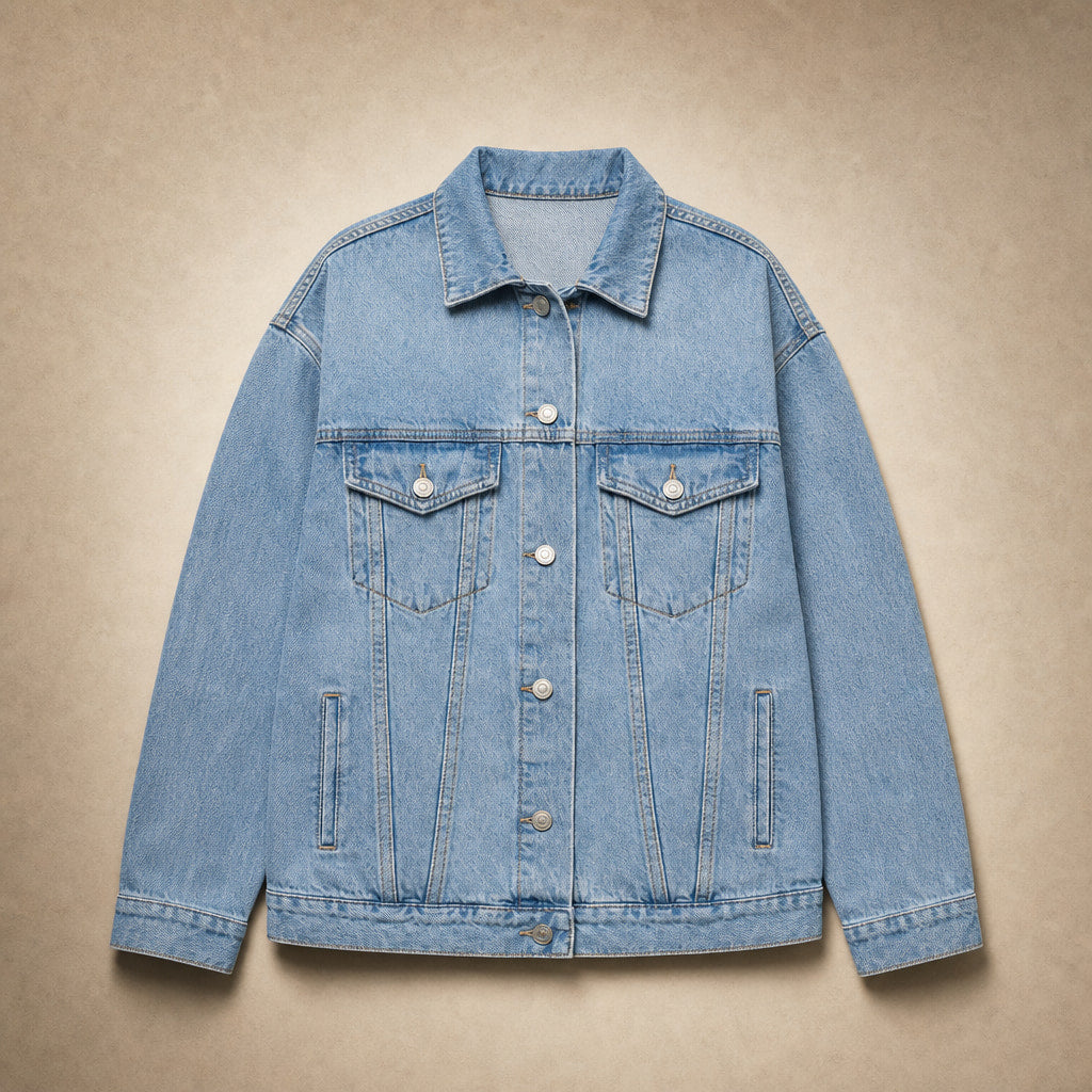 Women’s Oversized Denim Jacket with Classic Collar and Relaxed Streetwear Fit Denim – Flat Lay Product Photo