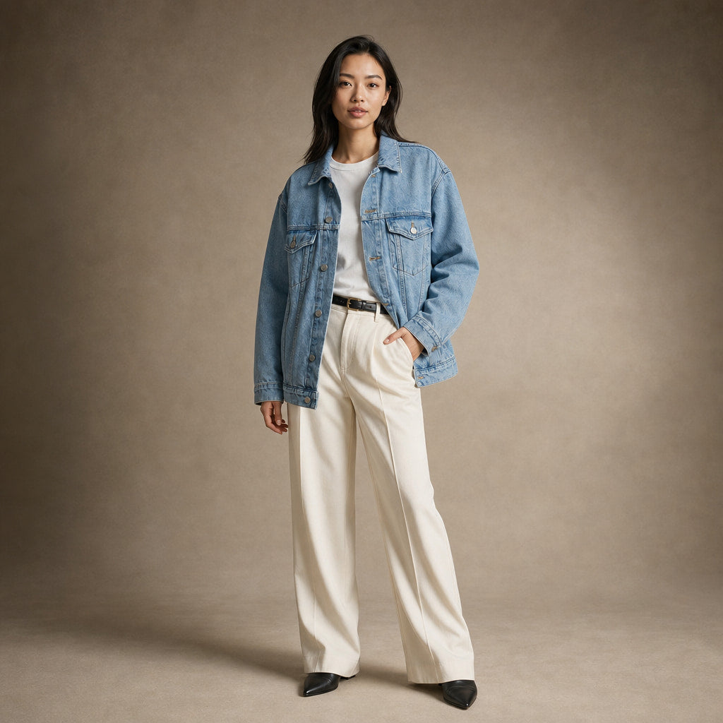 Women’s Oversized Denim Jacket with Classic Collar and Relaxed Streetwear Fit Denim – Full Look