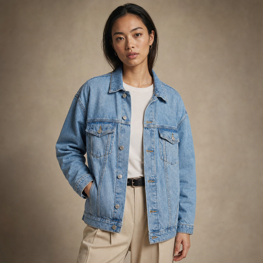 Women’s Oversized Denim Jacket with Classic Collar and Relaxed Streetwear Fit in Denim – Mampierimoda Premium Womenswear