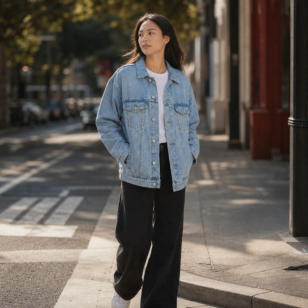 Women’s Oversized Denim Jacket with Classic Collar and Relaxed Streetwear Fit Denim – Styled Editorial Shot