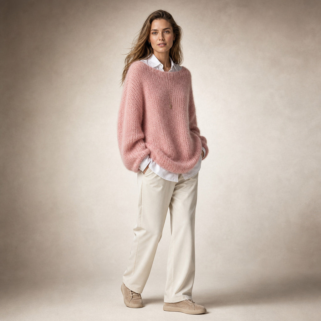 Women's Oversized Knit Sweater - Soft and Cozy for Winter Pink – Side Angle View