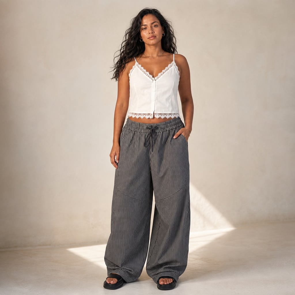 Womens Pant Wide Barrel Leg with Elasticated Waist Grey Grey – Styled Editorial Shot