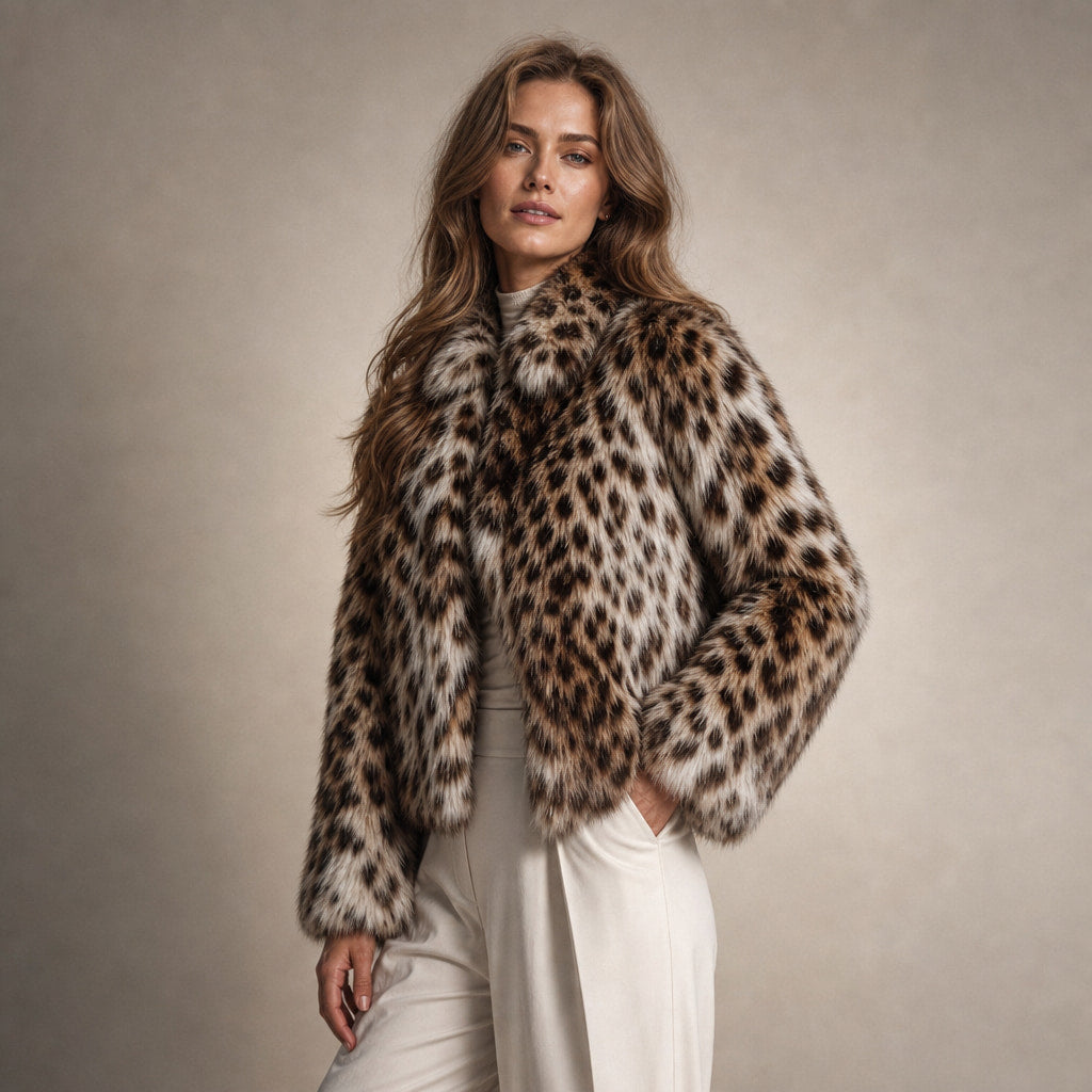 Women's Plush Brown Faux Fur Cropped Jacket Brown – Side Angle View