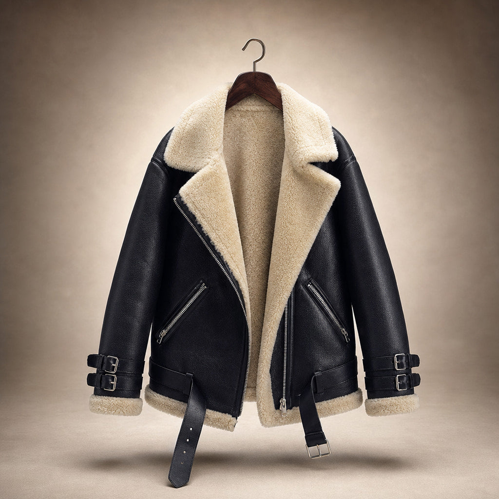 Women's Premium Faux Sheepskin Jacket With Belt And Pockets Black – Product Photo