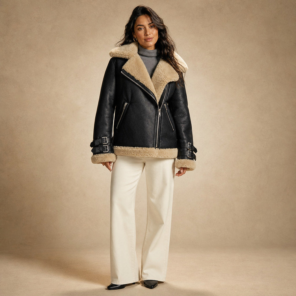 Women's Premium Faux Sheepskin Jacket With Belt And Pockets in Black – Mampierimoda Premium Womenswear