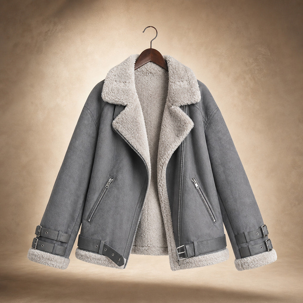 Women's Premium Faux Sheepskin Jacket With Belt And Pockets Grey – Product Photo