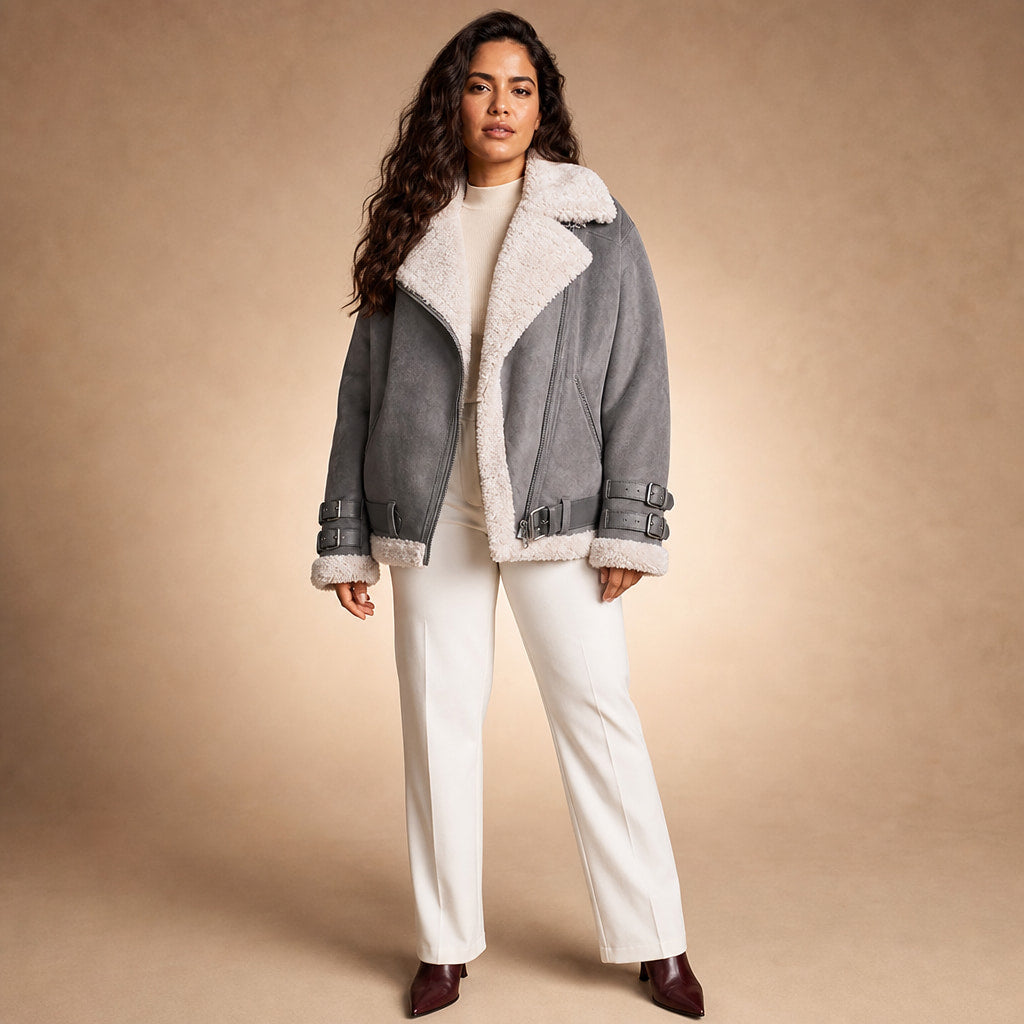 Women's Premium Faux Sheepskin Jacket With Belt And Pockets in Grey – Mampierimoda Premium Womenswear