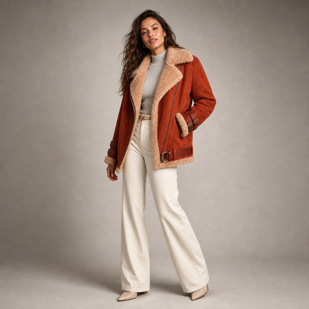 Women's Premium Faux Sheepskin Jacket With Belt And Pockets Orange – Side Angle View