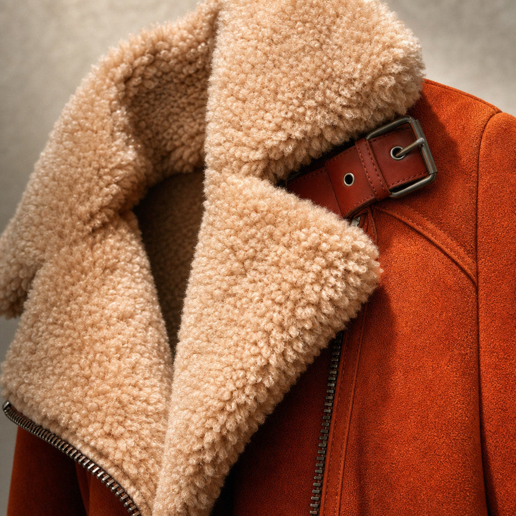 Women's Premium Faux Sheepskin Jacket With Belt And Pockets Orange – Fabric and Detail Close-Up