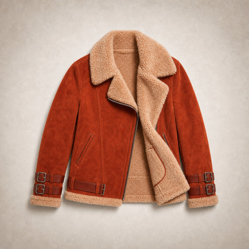 Women's Premium Faux Sheepskin Jacket With Belt And Pockets Orange – Flat Lay Product Photo