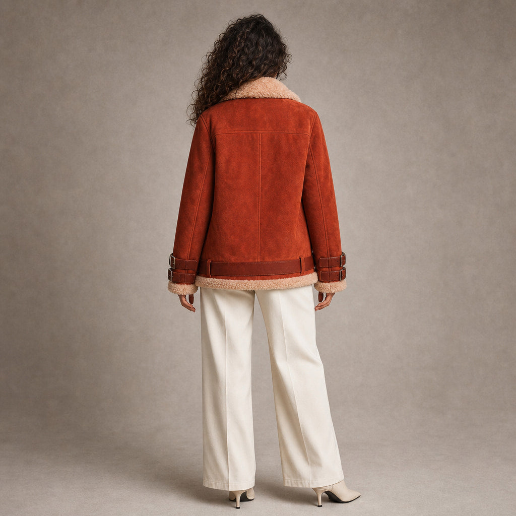 Women's Premium Faux Sheepskin Jacket With Belt And Pockets Orange – Full Look