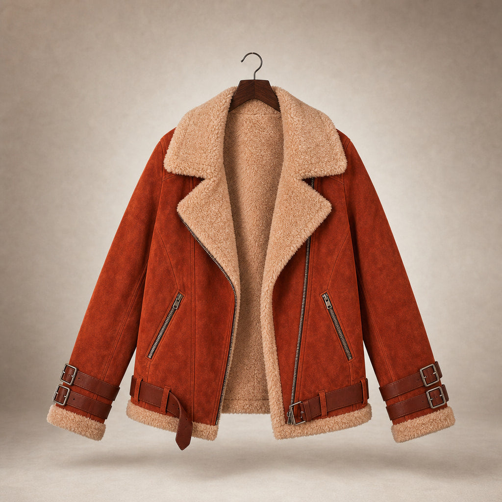 Women's Premium Faux Sheepskin Jacket With Belt And Pockets Orange – Product Photo