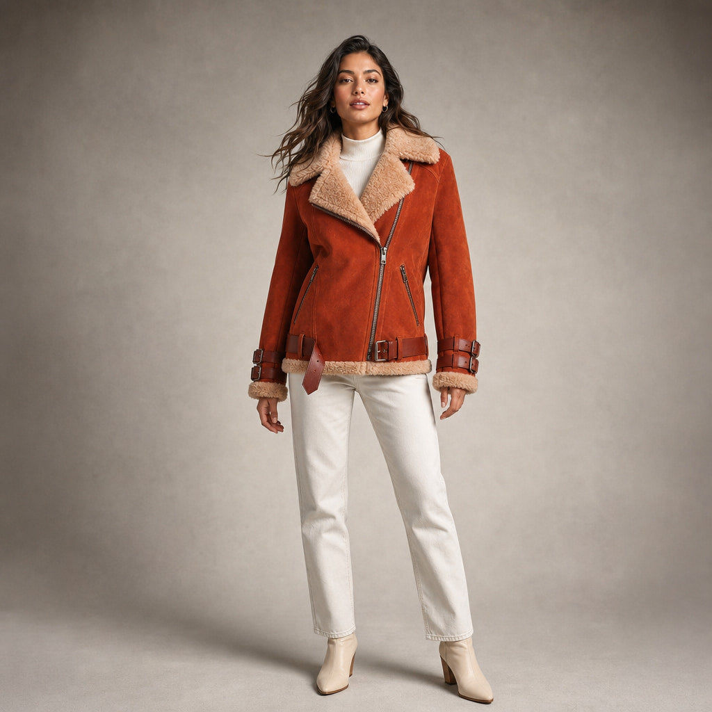 Women's Premium Faux Sheepskin Jacket With Belt And Pockets in Orange – Mampierimoda Premium Womenswear