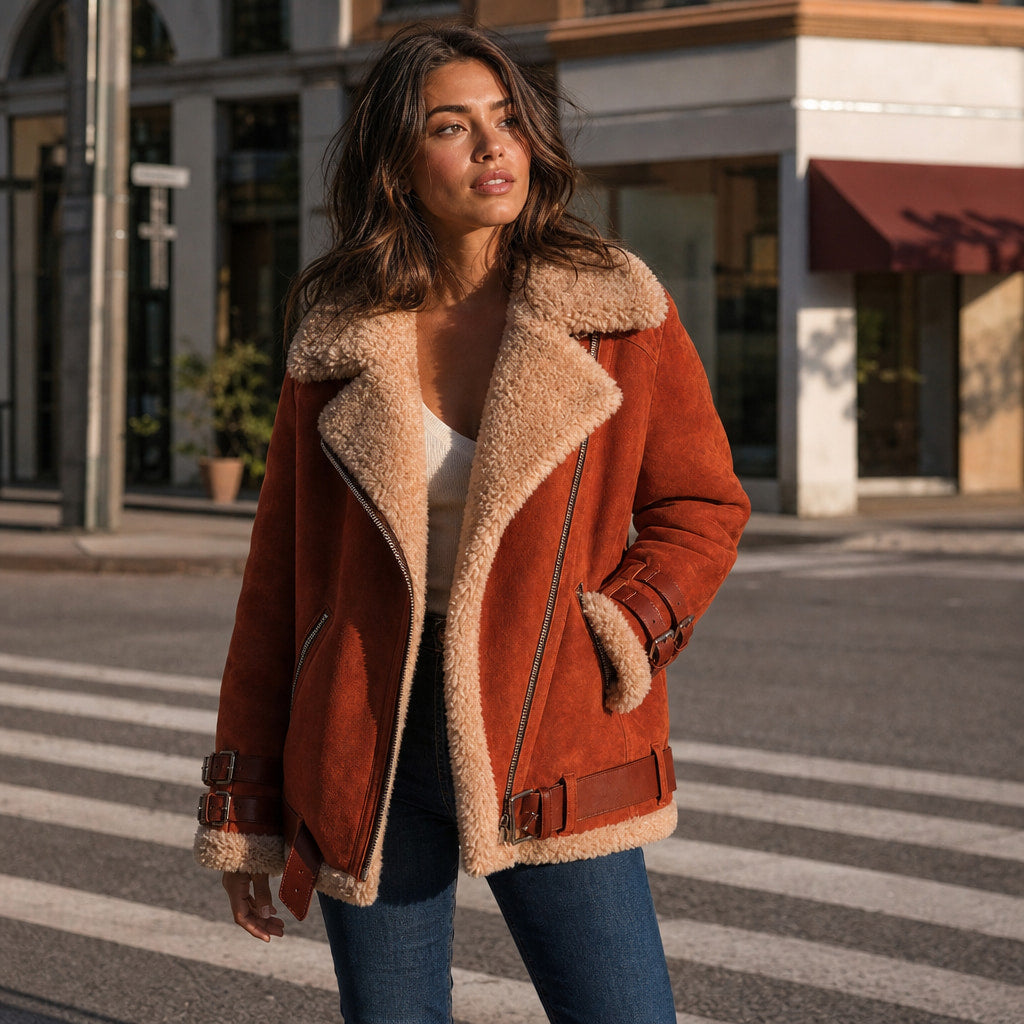 Women's Premium Faux Sheepskin Jacket With Belt And Pockets Orange – Styled Editorial Shot
