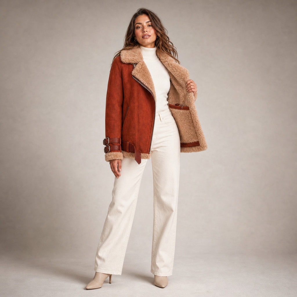 Women's Premium Faux Sheepskin Jacket With Belt And Pockets Orange – Interior Lining Detail