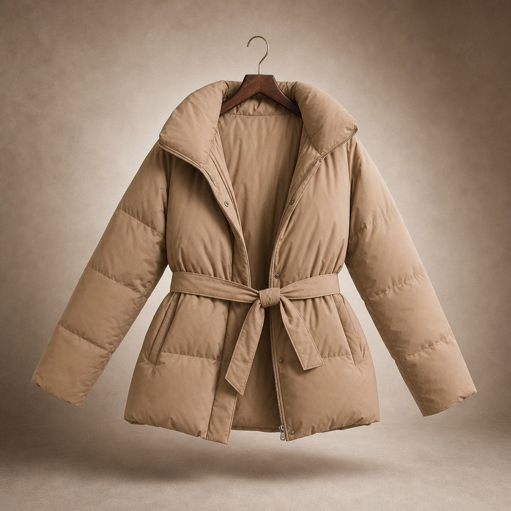 Women's Puffer Jacket with waist belt Beige – Product Photo