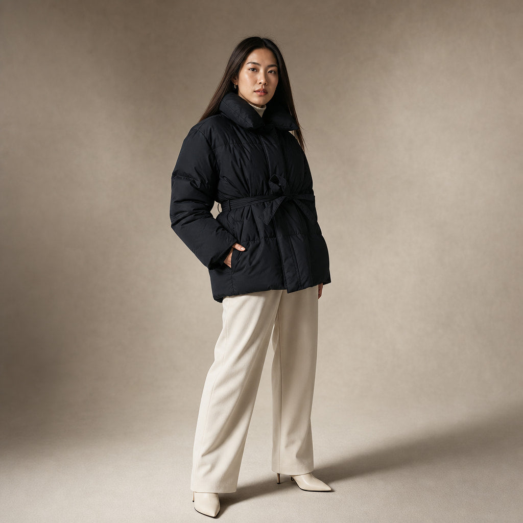 Women's Puffer Jacket with waist belt Black – Side Angle View
