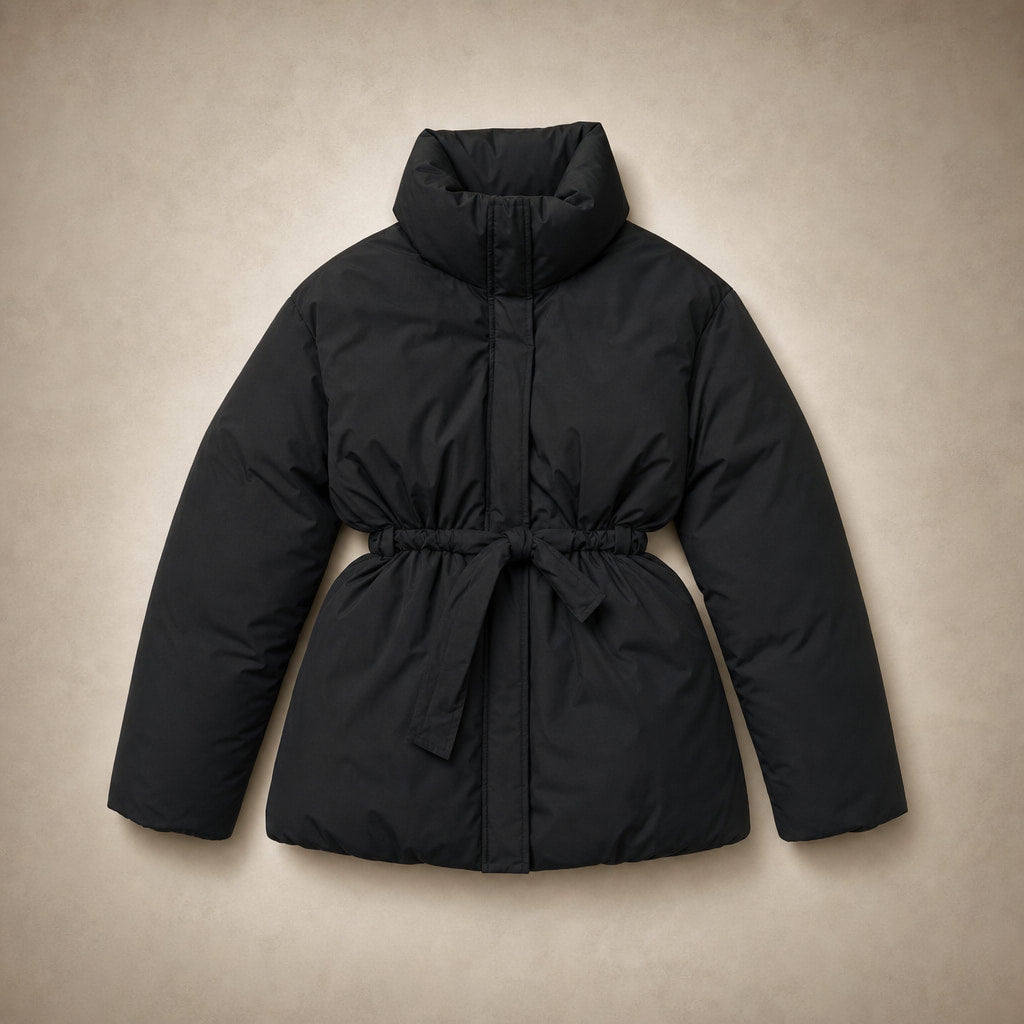 Women's Puffer Jacket with waist belt Black – Flat Lay Product Photo