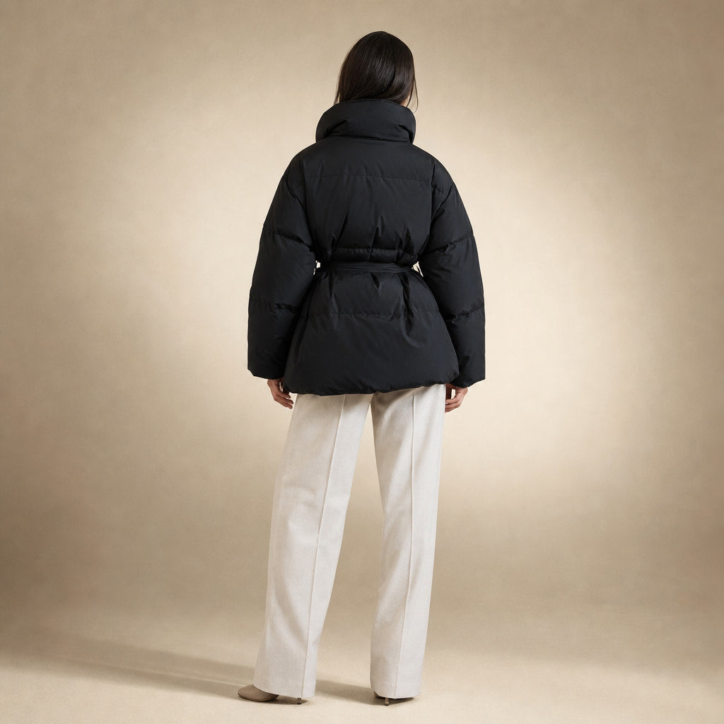 Women's Puffer Jacket with waist belt Black – Full Look