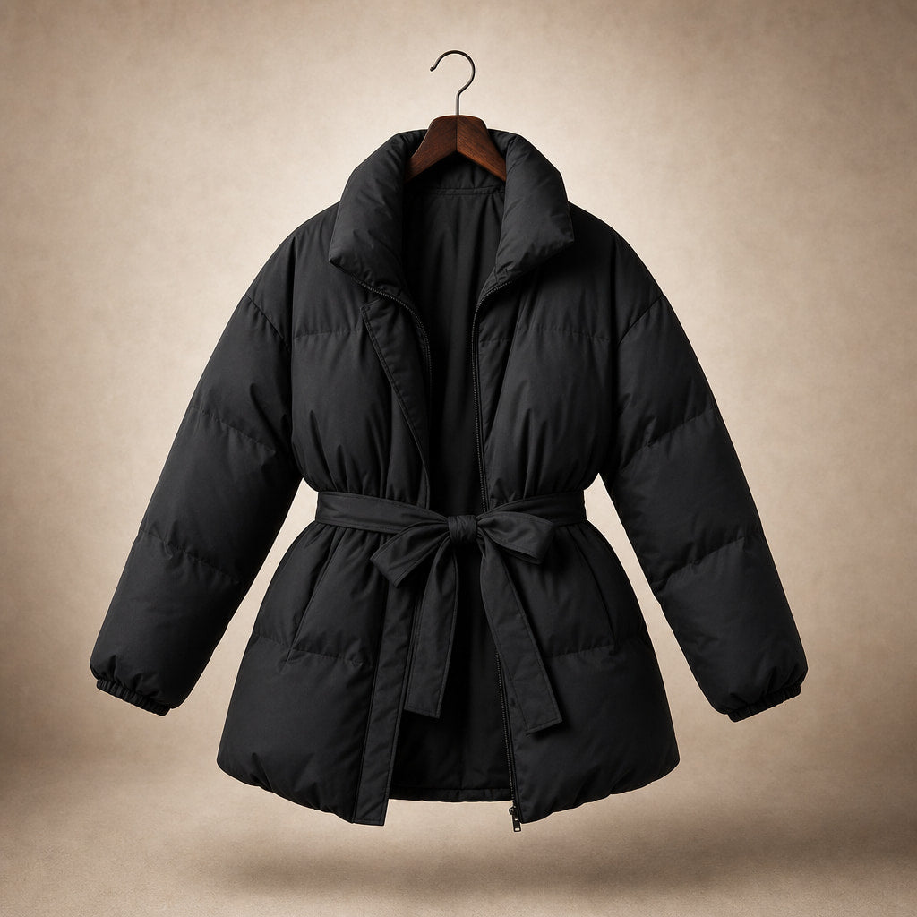 Women's Puffer Jacket with waist belt Black – Product Photo