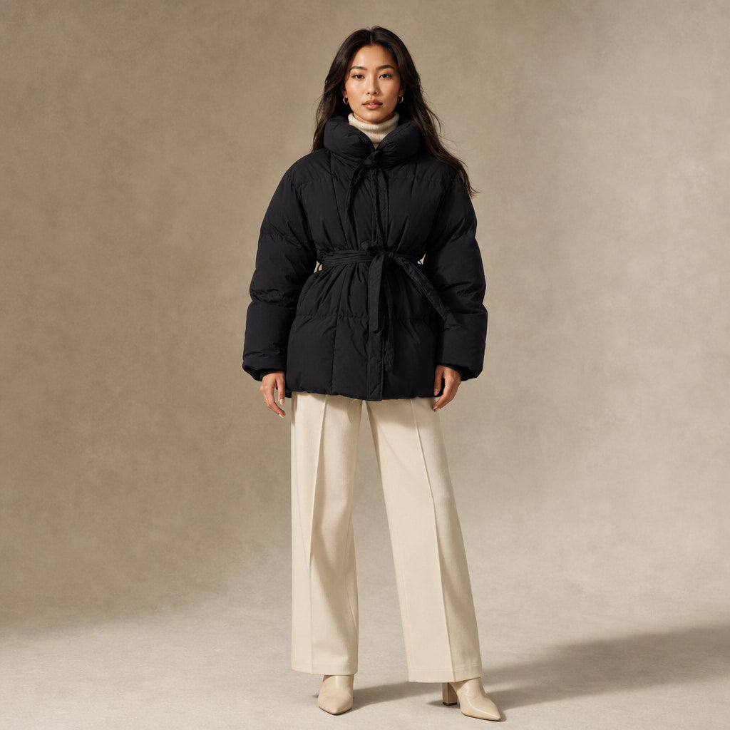 Women's Puffer Jacket with waist belt in Black – Mampierimoda Premium Womenswear
