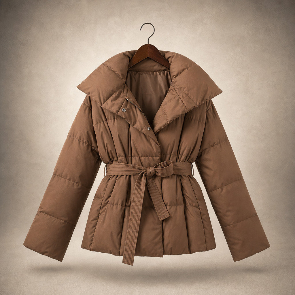 Women's Puffer Jacket with waist belt Brown – Product Photo