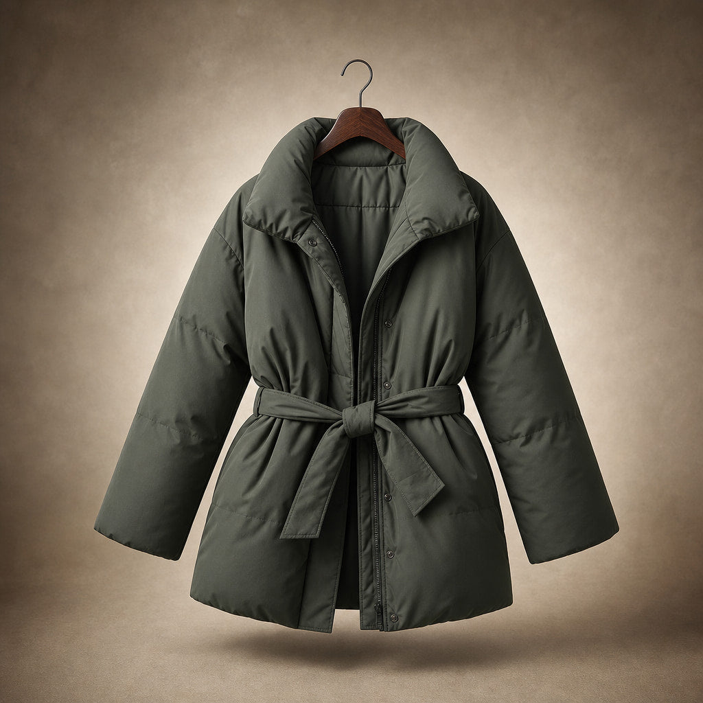 Women's Puffer Jacket with waist belt Green – Product Photo