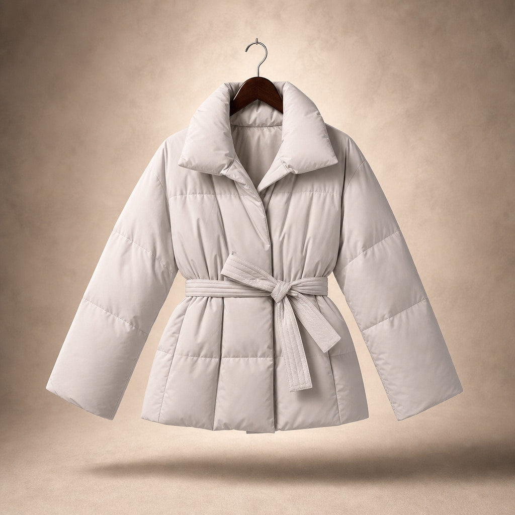 Women's Puffer Jacket with waist belt Grey – Product Photo