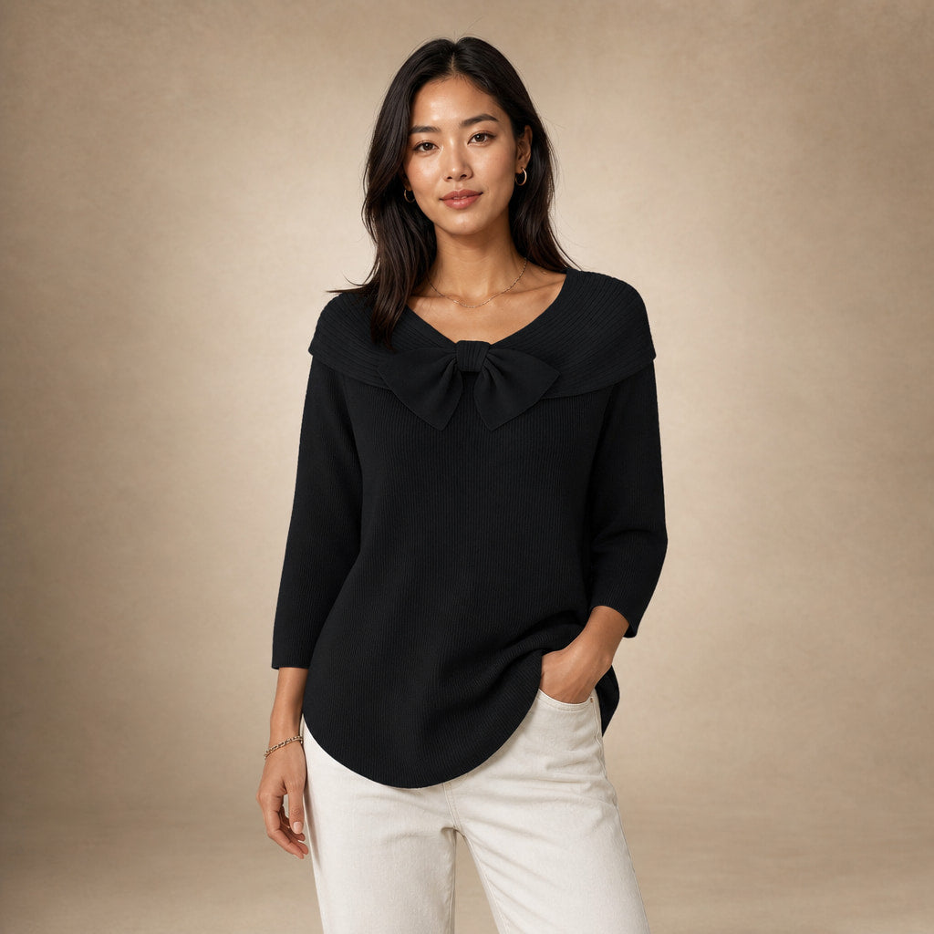 Women's Soft Knit Sweater with Bow Detail in Black – Mampierimoda Premium Womenswear
