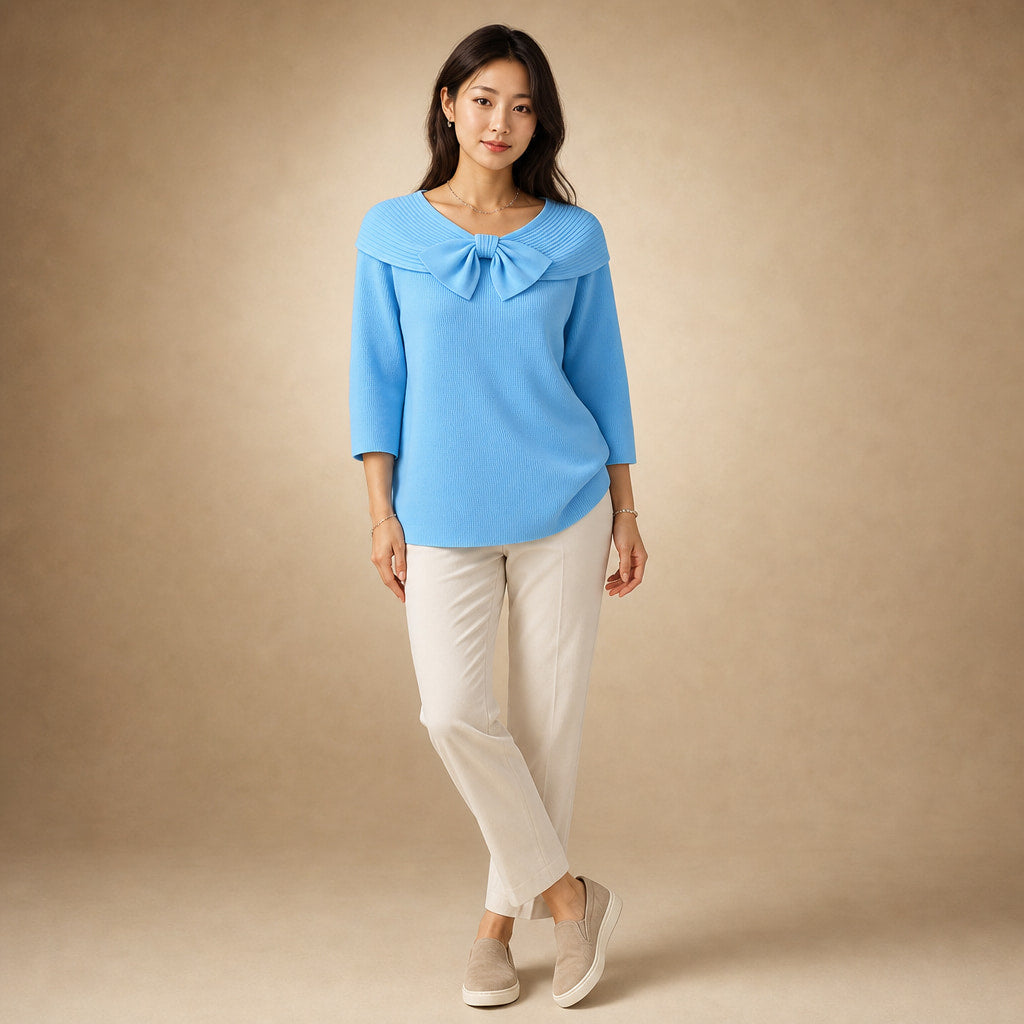 Women's Soft Knit Sweater with Bow Detail Blue – Side Angle View