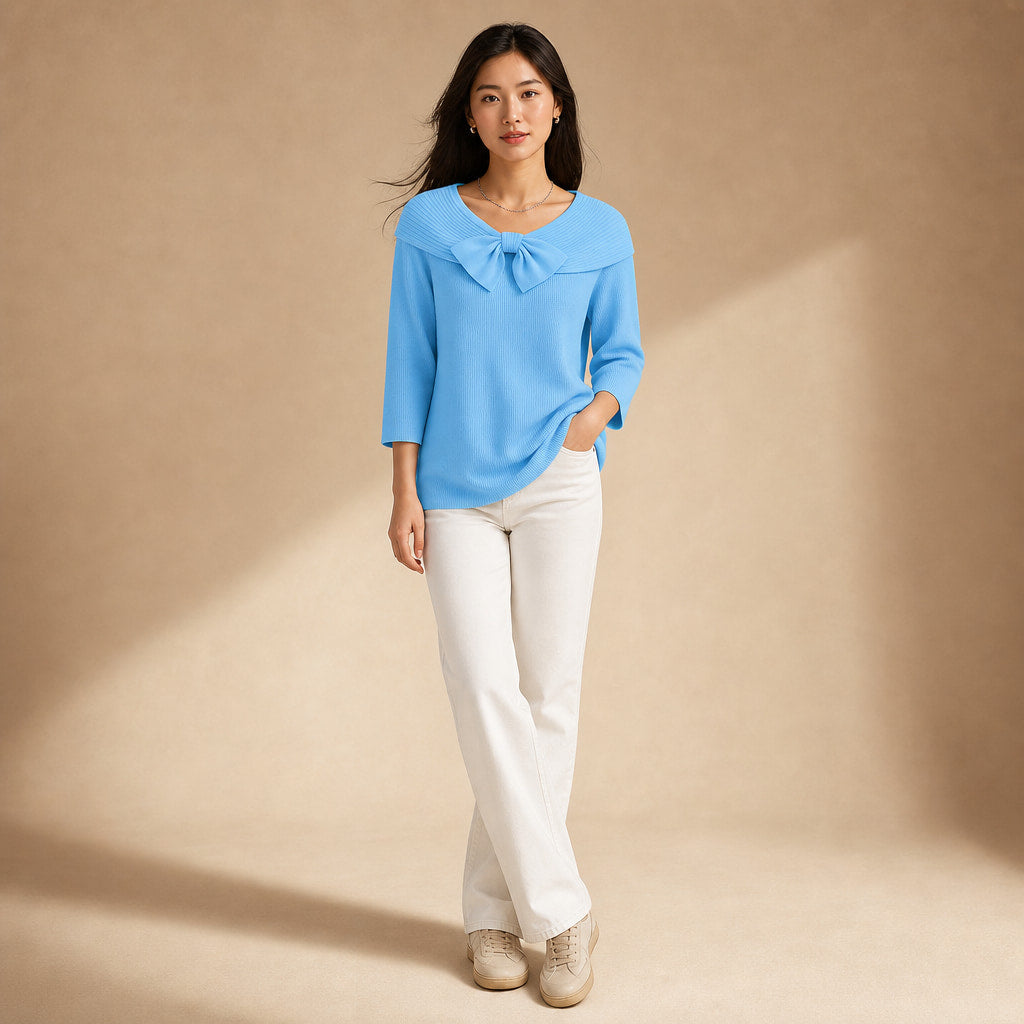 Women's Soft Knit Sweater with Bow Detail Blue – Full Look
