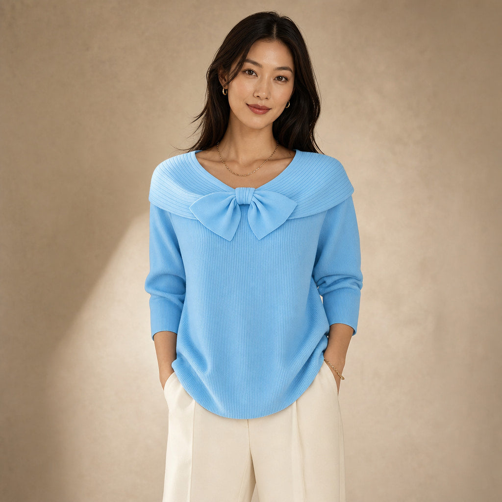 Women's Soft Knit Sweater with Bow Detail in Blue – Mampierimoda Premium Womenswear