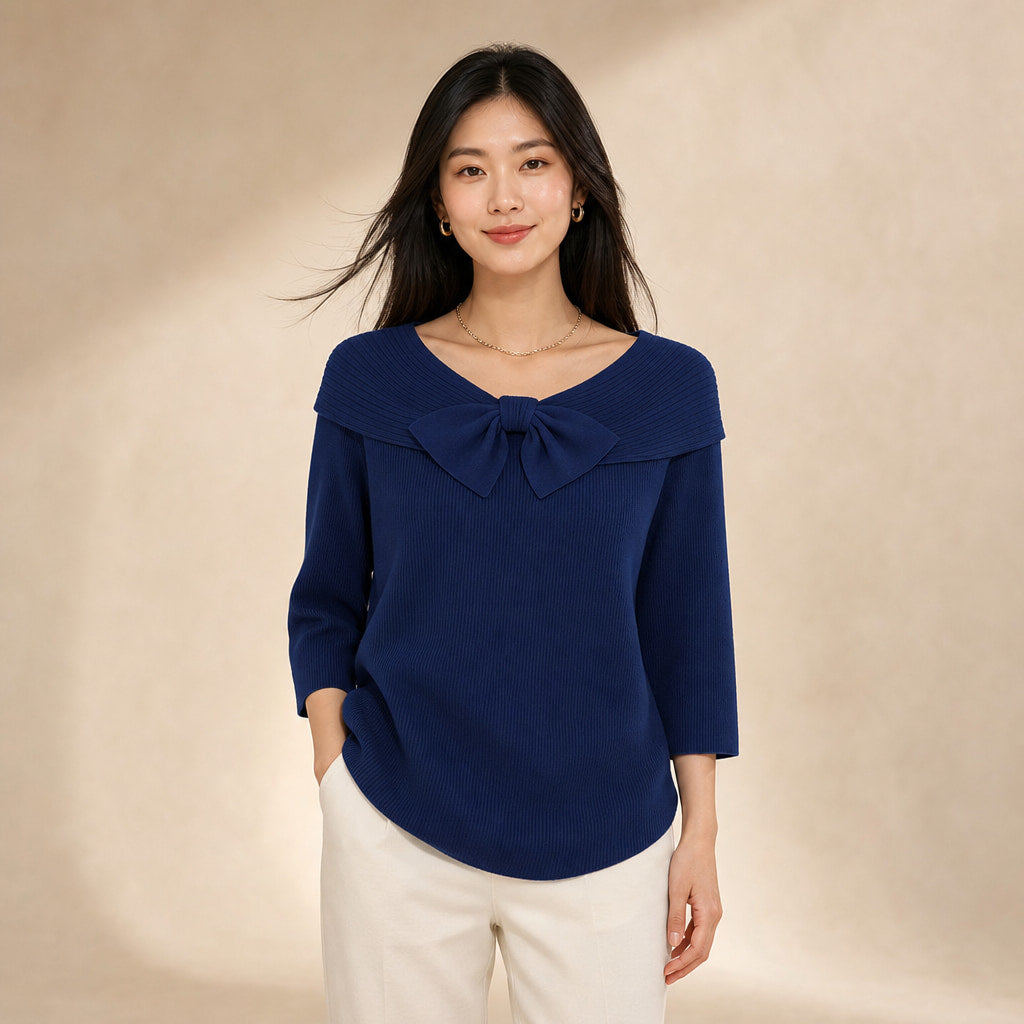 Women's Soft Knit Sweater with Bow Detail in Navy Blue – Mampierimoda Premium Womenswear