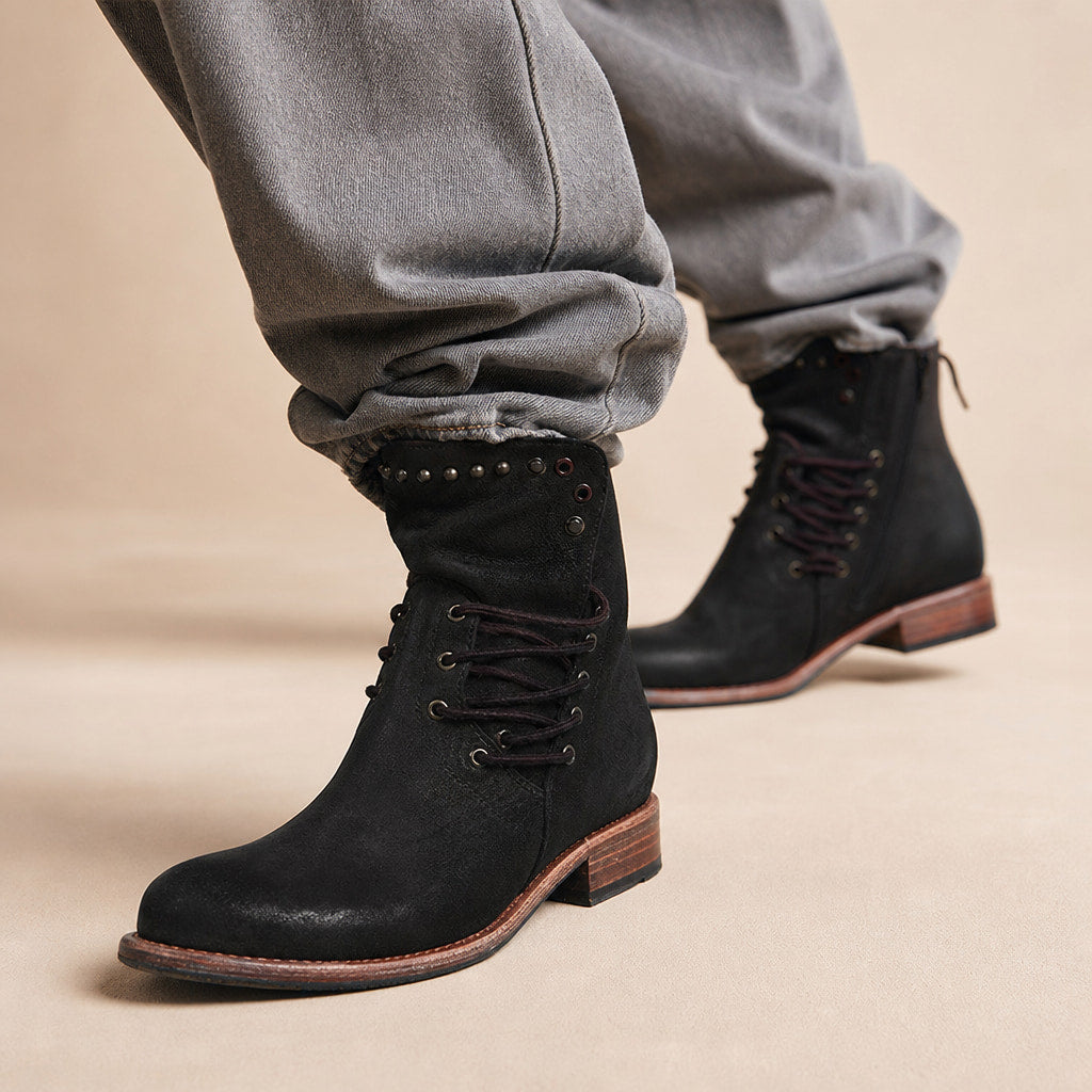Women's Studded Ankle Boots, Western Lace Up Leather Booties Black – Product Photo