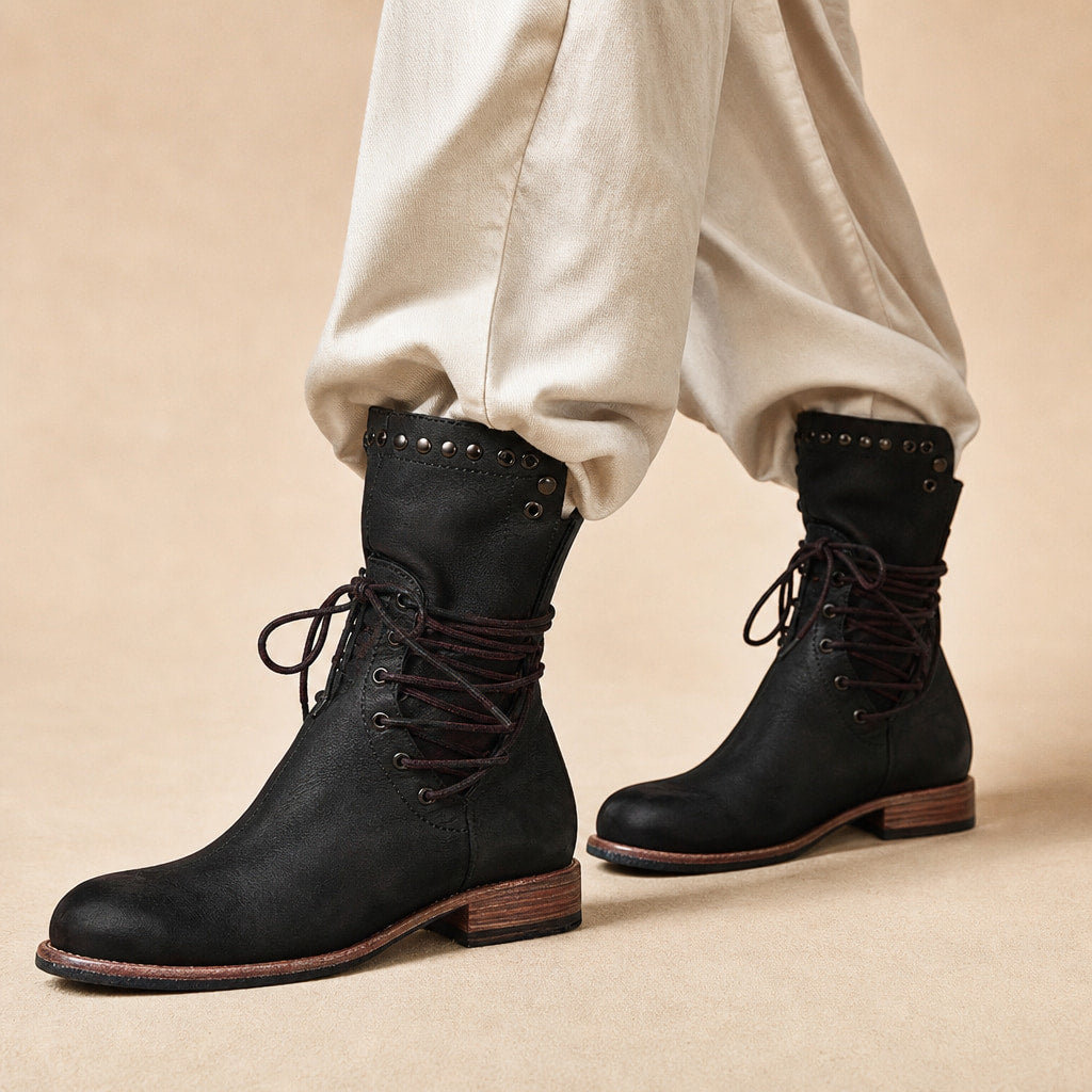 Women's Studded Ankle Boots, Western Lace Up Leather Booties in Black – Mampierimoda Premium Womenswear