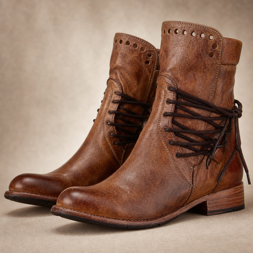 Women's Studded Ankle Boots, Western Lace Up Leather Booties Brown – Fabric and Detail Close-Up