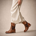 Women's Studded Ankle Boots, Western Lace Up Leather Booties Brown – Product Photo