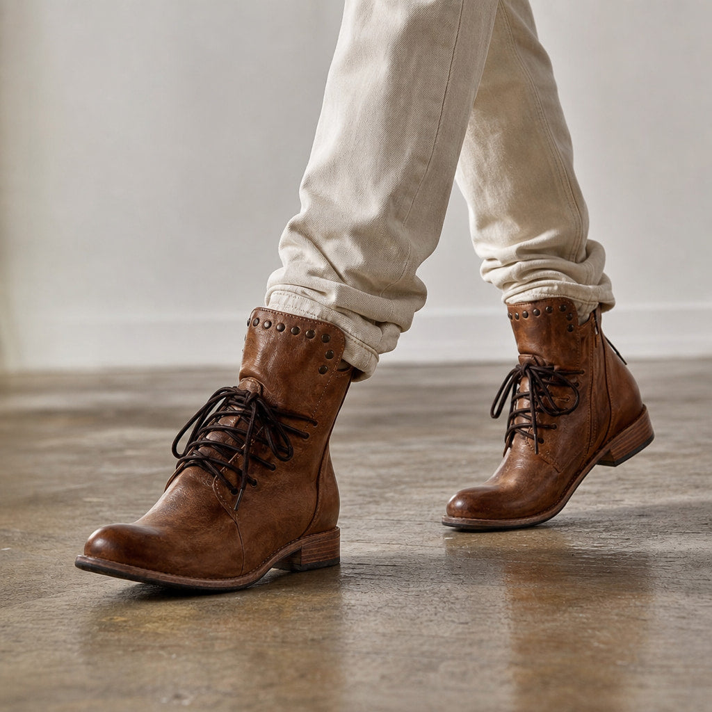 Women's Studded Ankle Boots, Western Lace Up Leather Booties Brown – Styled Editorial Shot, Detail